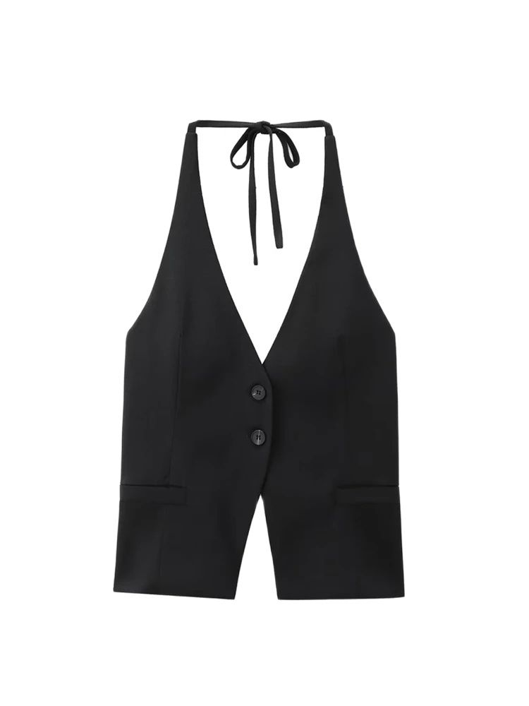 Débardeur à boutons sur le devant pour femmes, col licou noué, dos nu, camisole féminine, mode Sexy