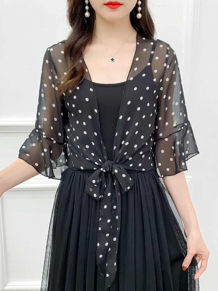 Robe de soirée en mousseline de soie noire et blanche pour femmes, col en v, élégante, Simple, douce, décontractée, à pois