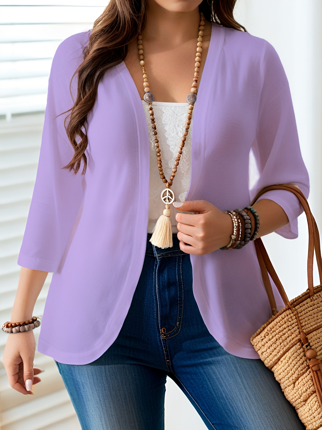 Cardigan ouvert sur le devant pour femme grande taille, veste décontractée légère à manches 3/4, mode superposée de couleur unie.