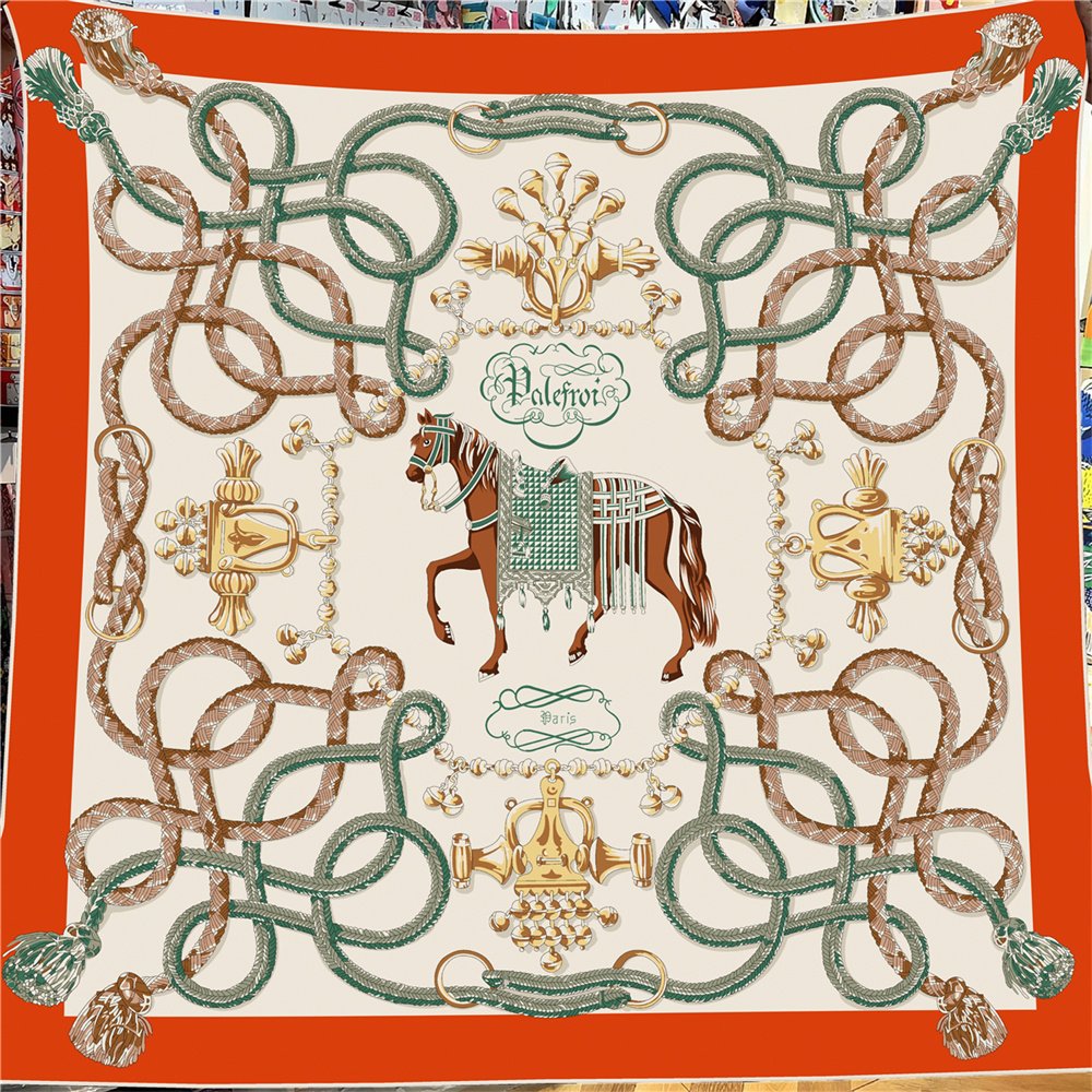 Foulard carré 135 cm en 30 % soie et 70 % cachemire pour femme, imprimé chaînes de chevaux, bords roulés à la main, grands hijabs, bandanas, écharpes et foulards féminins