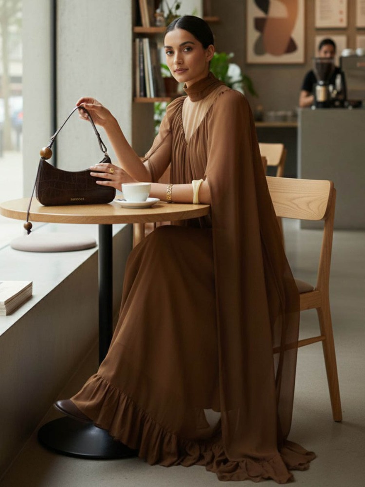 UOOZEE 2026 Nouvelle Robe de Soirée Formelle Élégante à Col Montant et Manches Cape pour Femme, Couleur Unie, Robe Longue de Cérémonie pour Invitée de Mariage, Demoiselle d'Honneur ou Fête