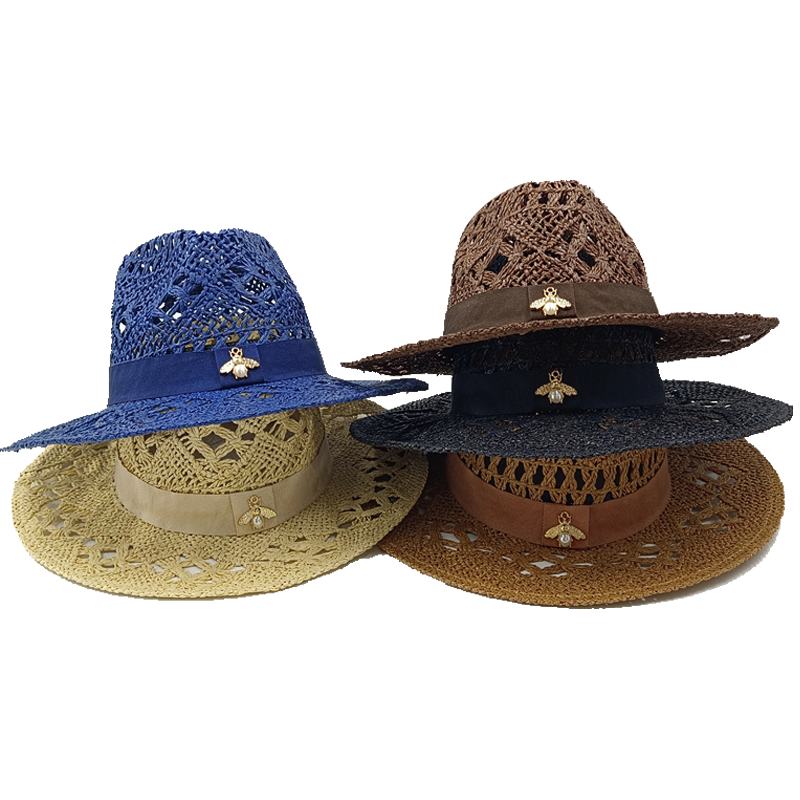 Chapeau de paille d'abeille d'été pour femmes et hommes, chapeaux de Cowboy, petite abeille ajourée, chapeau de soleil occidental à large bord, casquette de vacances
