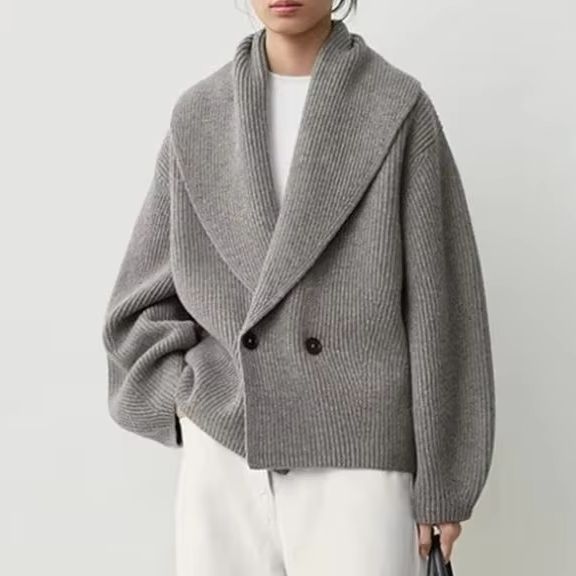 Cardigan en tricot mélangé de laine à col écharpe pour femme, couleur unie, deux boutons, pull ample pour femme, automne hiver