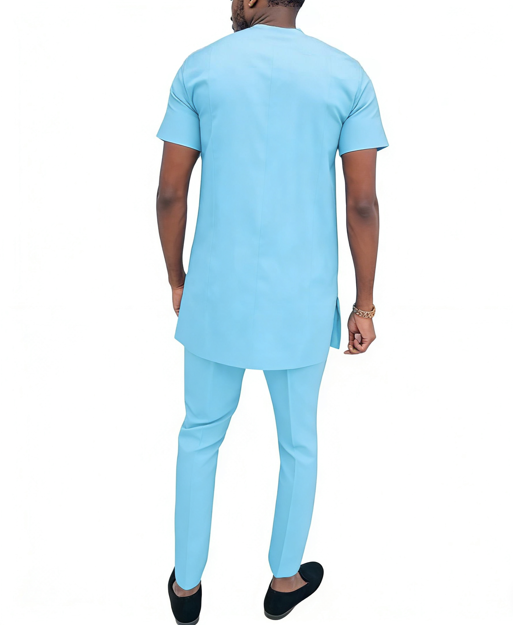 Ensemble de vêtements africains élastiques en coton bleu ciel pour hommes, haut à manches courtes et pantalon, vêtement nigWin ultra fin et respirant, mode