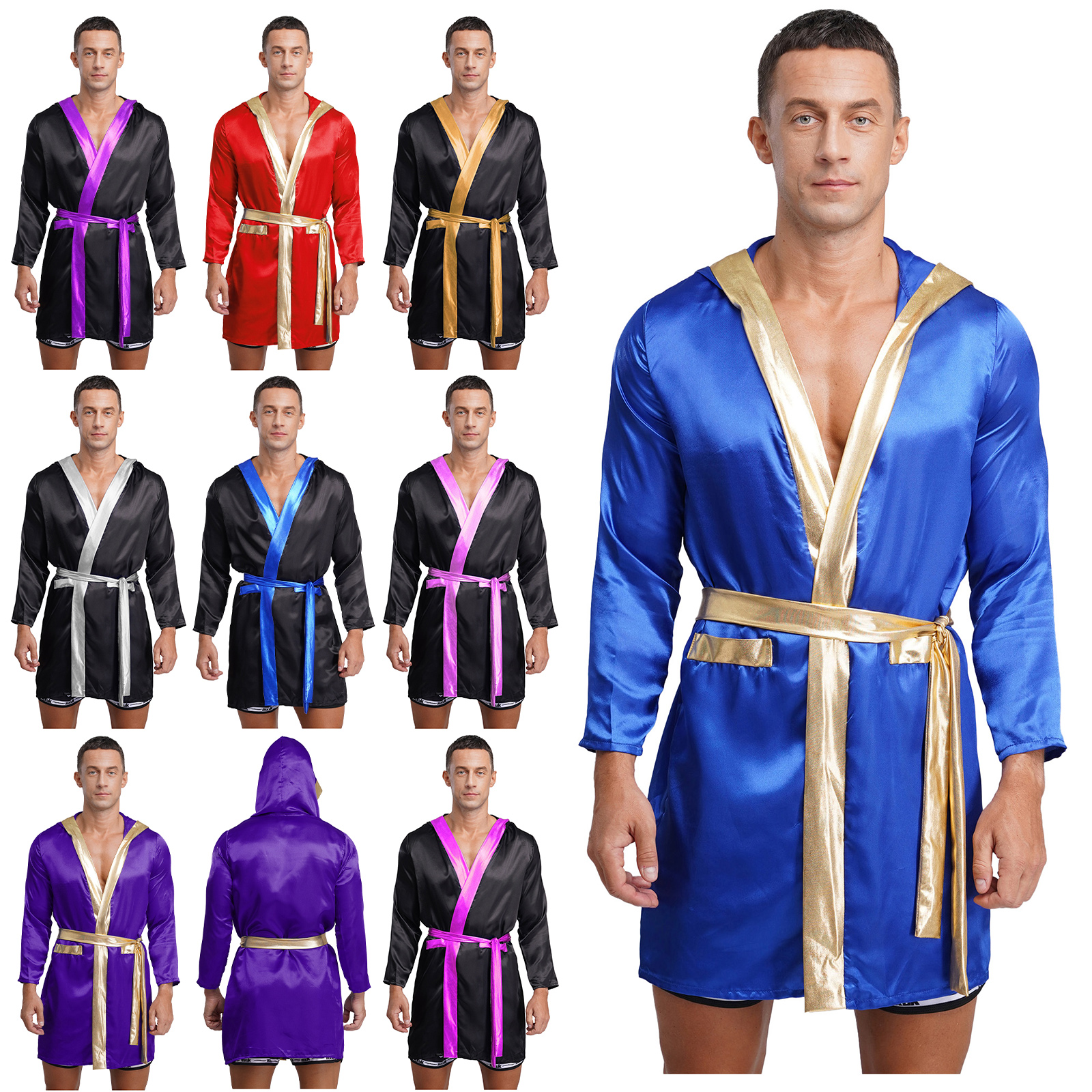Robe de boxe pour hommes, Costume de carnaval d'halloween, Boxer, Cosplay, manches longues, ouvert sur le devant, cape à capuche en Satin métallique avec ceinture