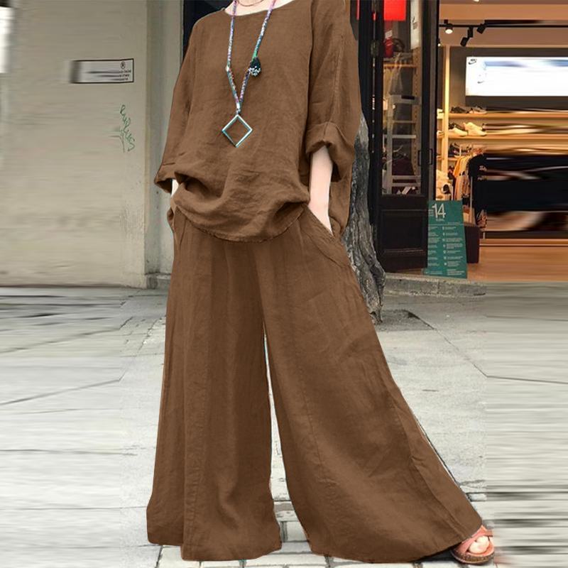 Ensemble 2 pièces en coton lin pour femmes, décontracté, col rond, manches longues, chemisiers, jambes larges, culottes, rétro, adt, automne