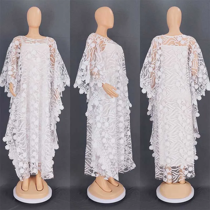 Robe africaine creuse en dentelle blanche pour femmes musulmanes, vêtements africains, Dashiki, boubou taditionnel, robe arabe, Ramadan, 2023