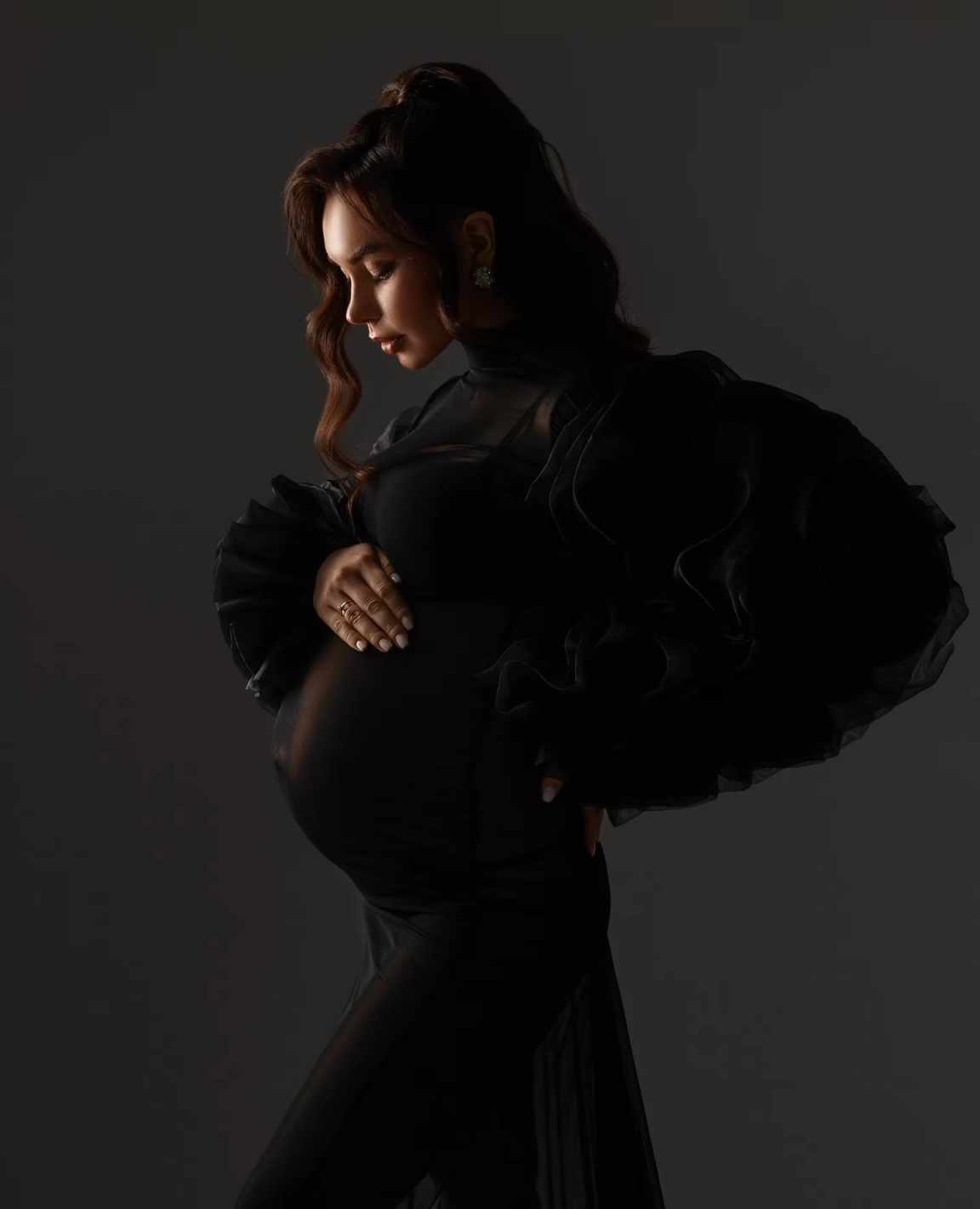 Robes de grossesse noires pour femmes, robes de grossesse à volants pour séance photo, manches en organza plissées, robe de maternité transparente, sur mesure.