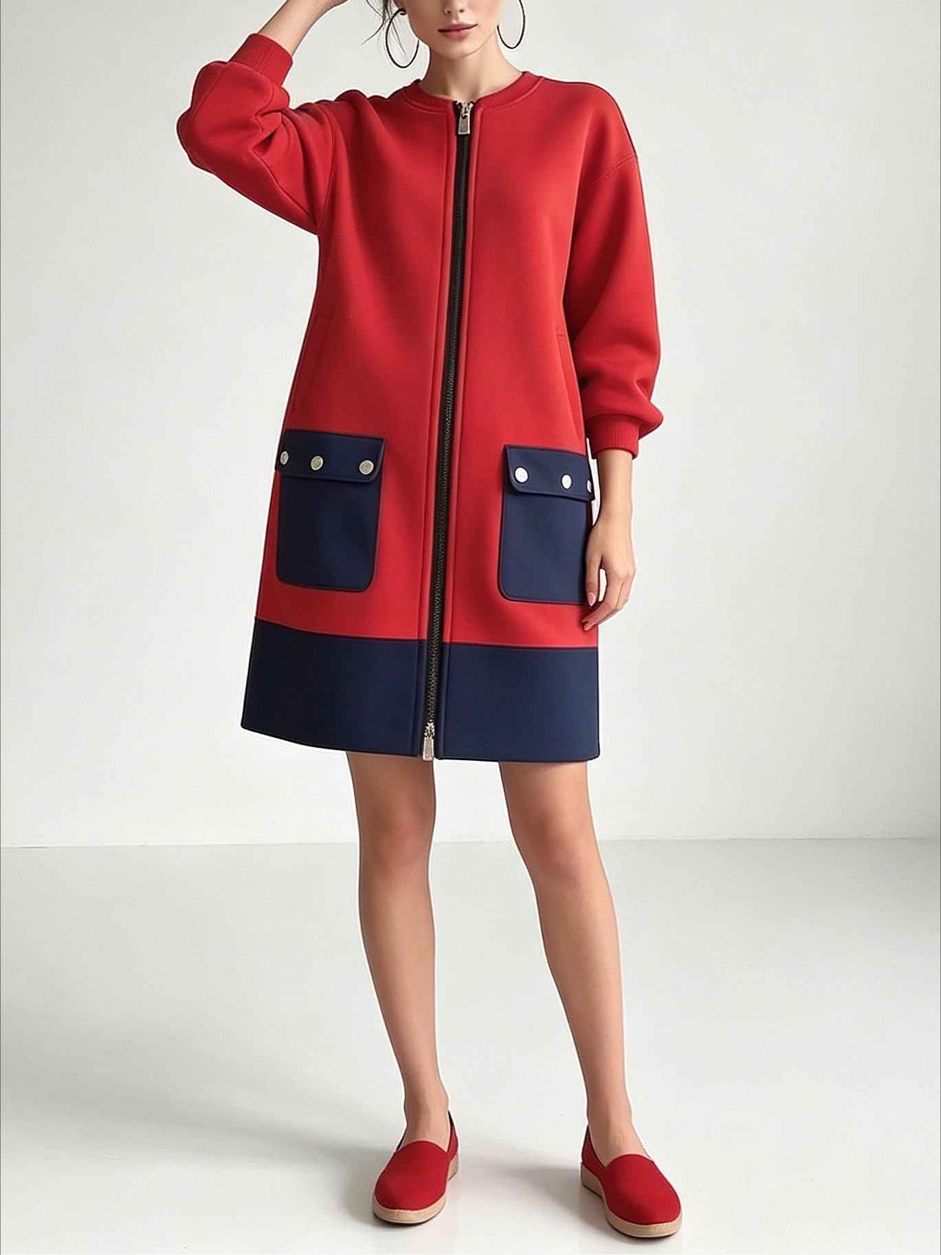 Modigirl contraste couleur manches longues robes pour femmes hiver printemps 2025 nouveau élégant rouge poches fermeture éclair femme Midi tenue décontractée