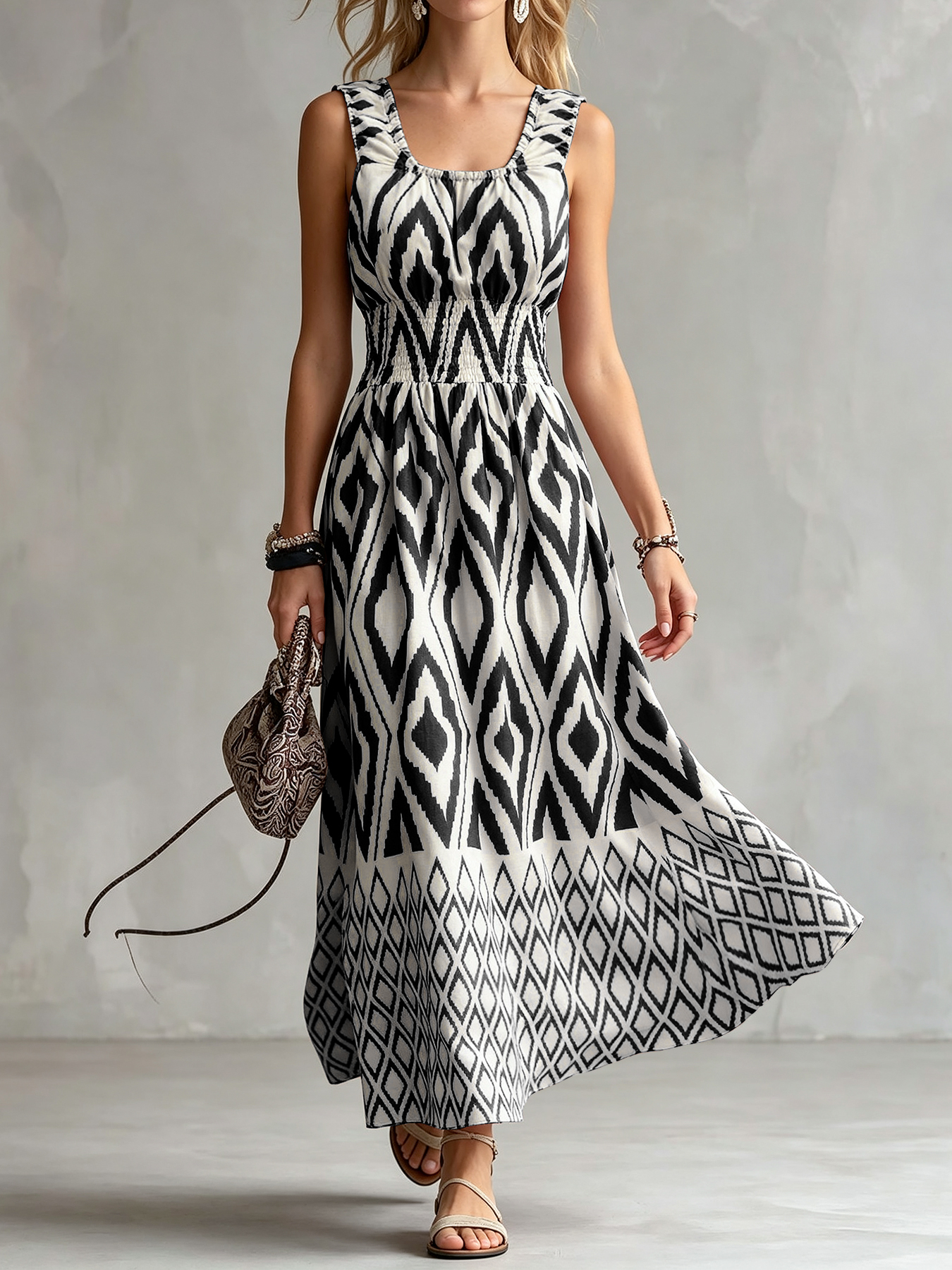 Robe midi décontractée pour femme, style vintage ethnique, motif Ikat, sans manches, col carré, buste smocké, à volants