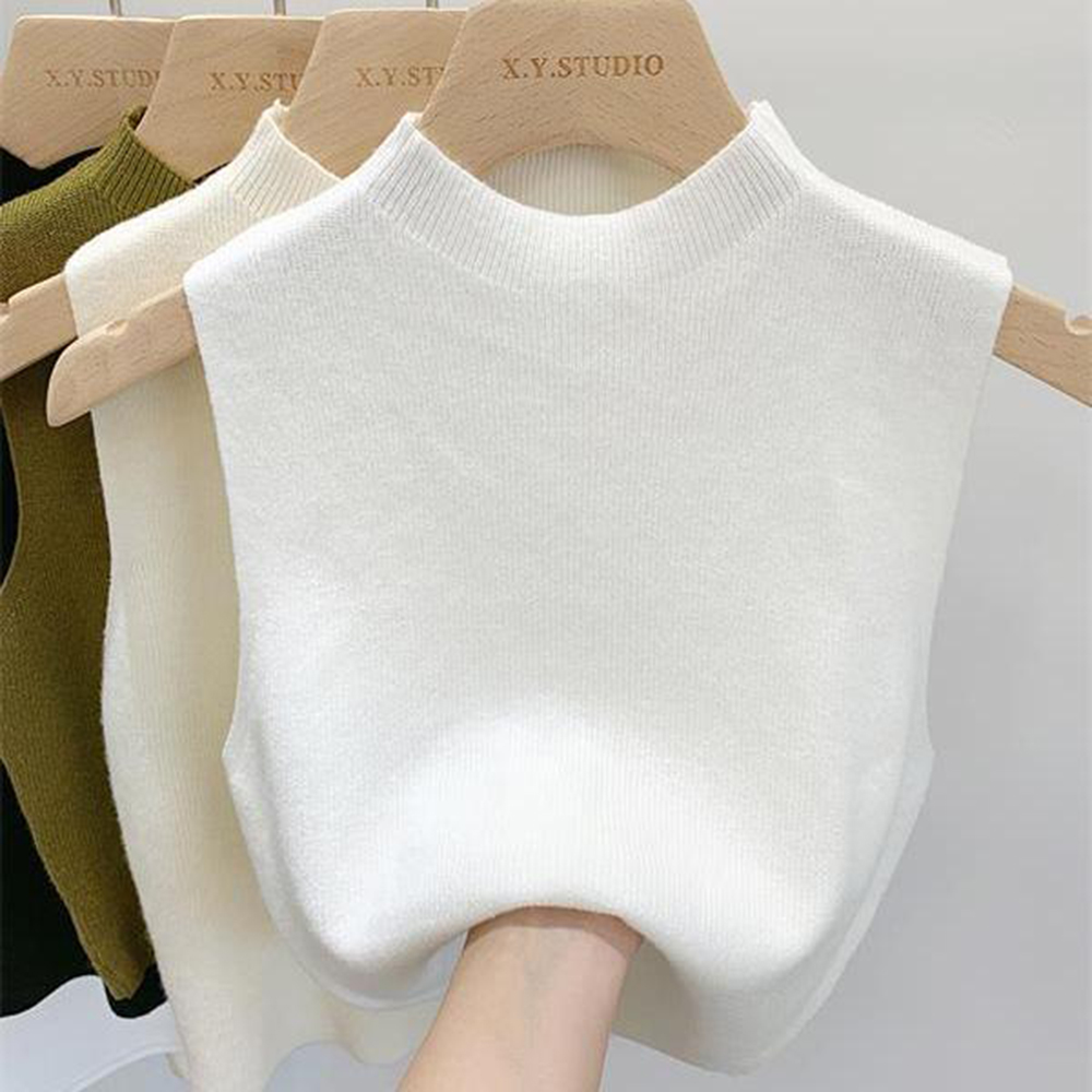 Débardeur tricoté pour femmes, couleur unie, T-Shirt, haut court, Camisole, pull demi-col roulé, sans manches, printemps automne