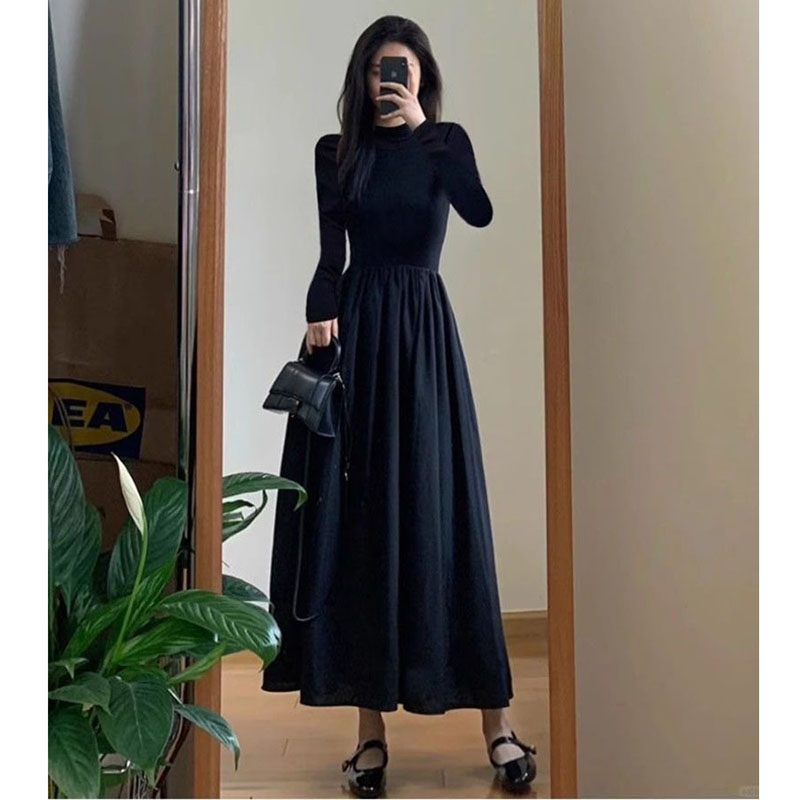 Robe longue noire pour femmes, style coréen, taille haute, col mi-haut, élégante, fête, manches longues, nouvelle collection automne hiver