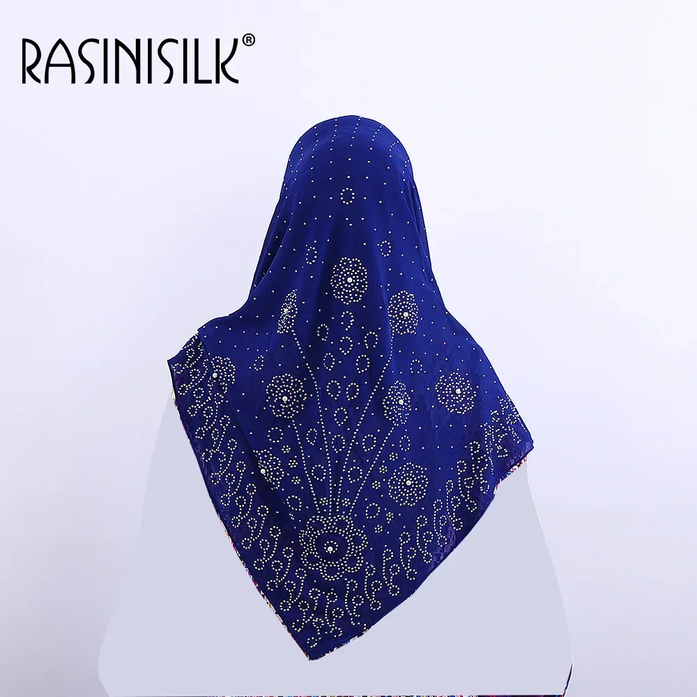 Foulard carré en mousseline de soie perlée 105x105cm, turban musulman orné de cristaux, foulard islamique avec épingle offerte