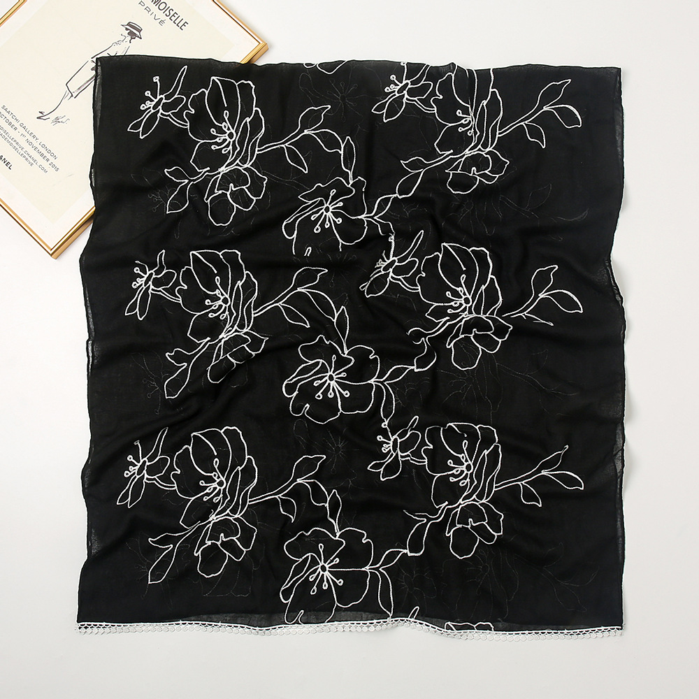 Châle en Viscose avec Dentelle Florale pour Femme, Hijabs de Haute Qualité, Étole Pashmina, Écharpe Musulmane