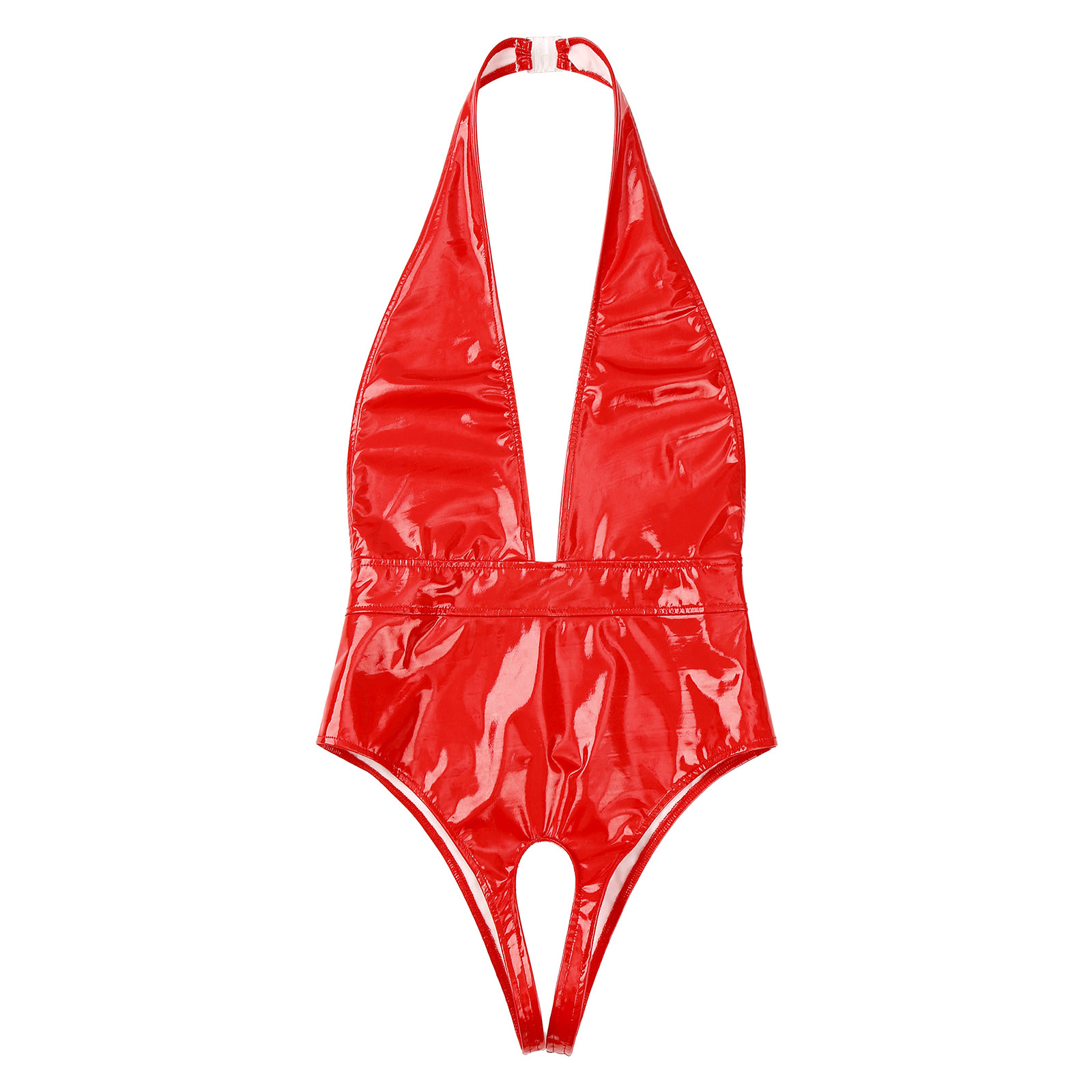 Combinaison moulante sexy en cuir verni effet mouillé pour femme, col halter profond en V, entrejambe ouvert, justaucorps dos nu sans manches, tenue de club