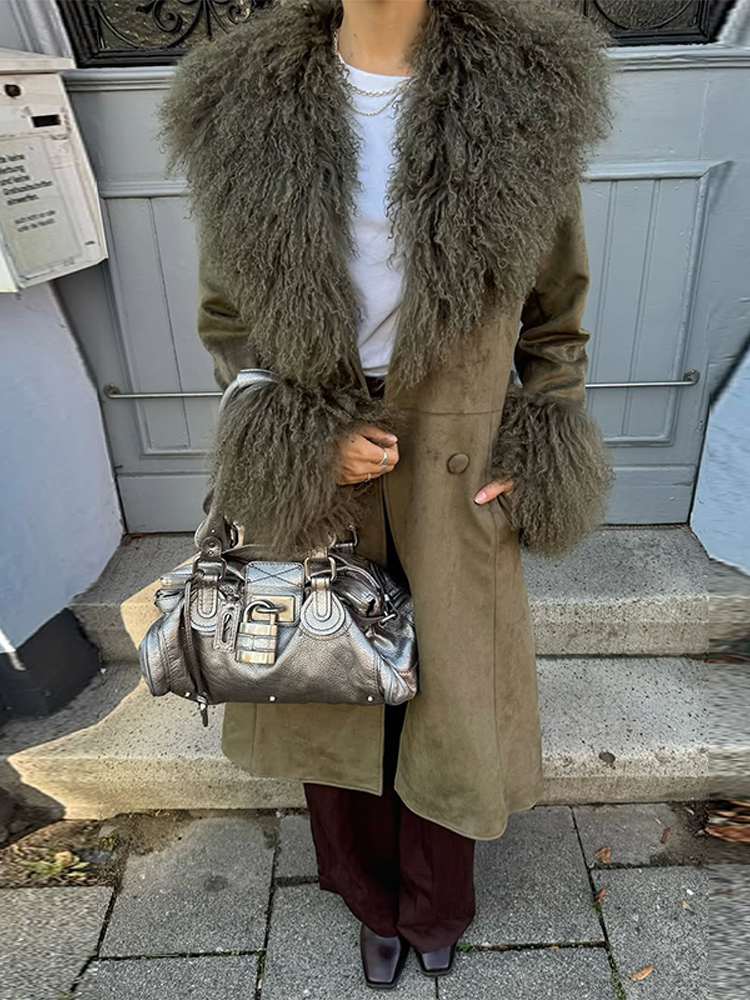 Manteau Long vert Olive pour femme, col flou et manchette, grand col à revers, Double boutonnage, vêtements d'extérieur quotidiens décontractés, hiver 2025