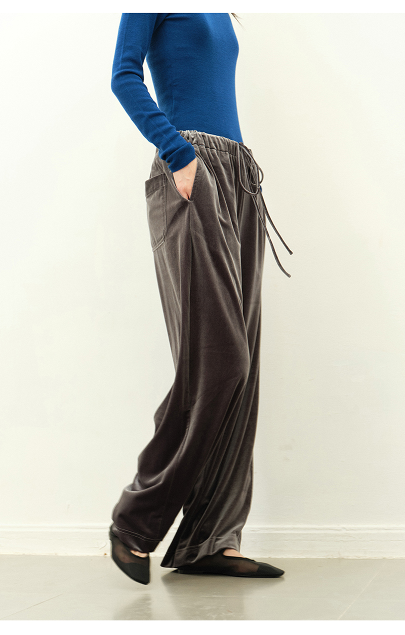 Pantalon haut de gamme en velours de soie pour femmes, chemise à jambes larges longueur au sol gris foncé, ample et décontracté pour l'extérieur, grande taille, doux et délicat