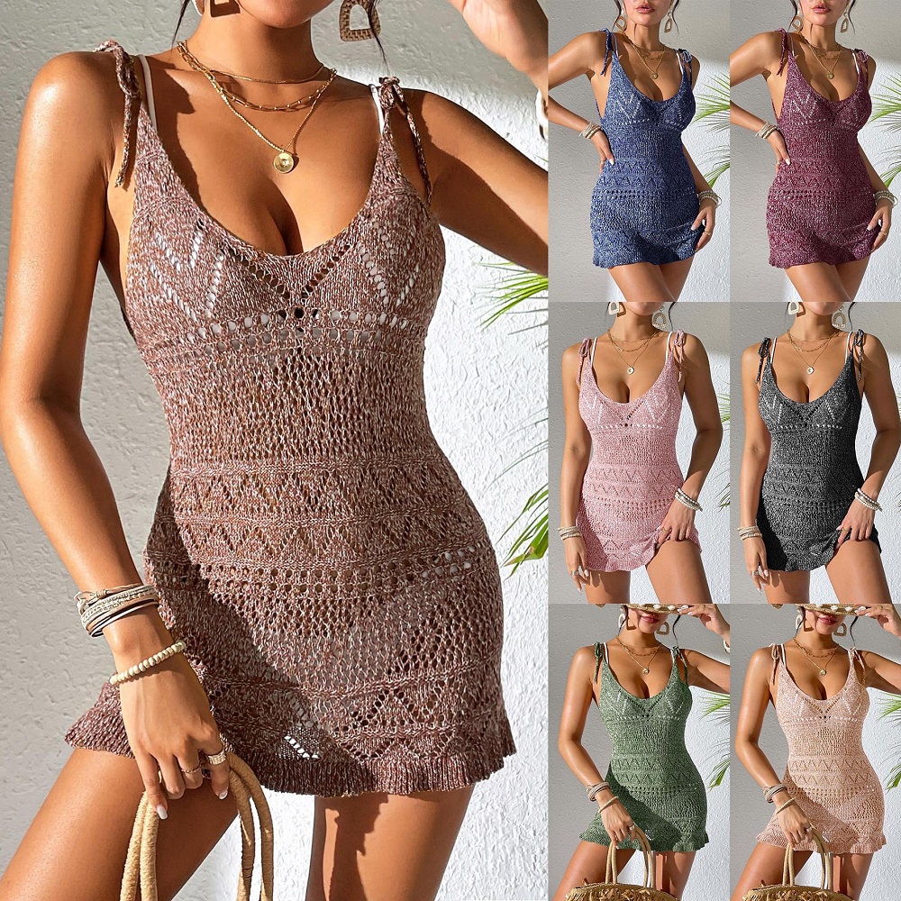 Robe de plage ajourée à bretelles spaghetti pour femmes, cover-up pour bikini, tenue de bain, été