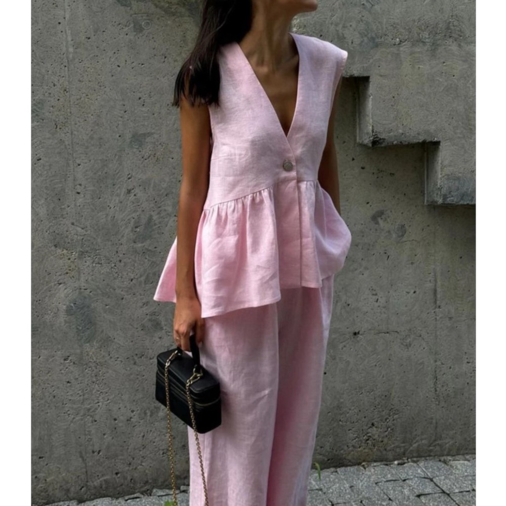 Ensemble gilet et pantalon Long sans manches en coton, haut Sexy à col en v, couleur unie, tempérament, ensemble deux pièces pour femmes