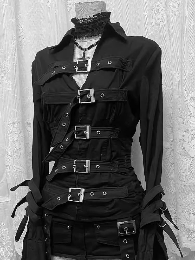 Veste noire à manches longues style gothique coréen, coupe ajustée rétro, streetwear pour femme, haut américain asymétrique élégant, vintage sombre