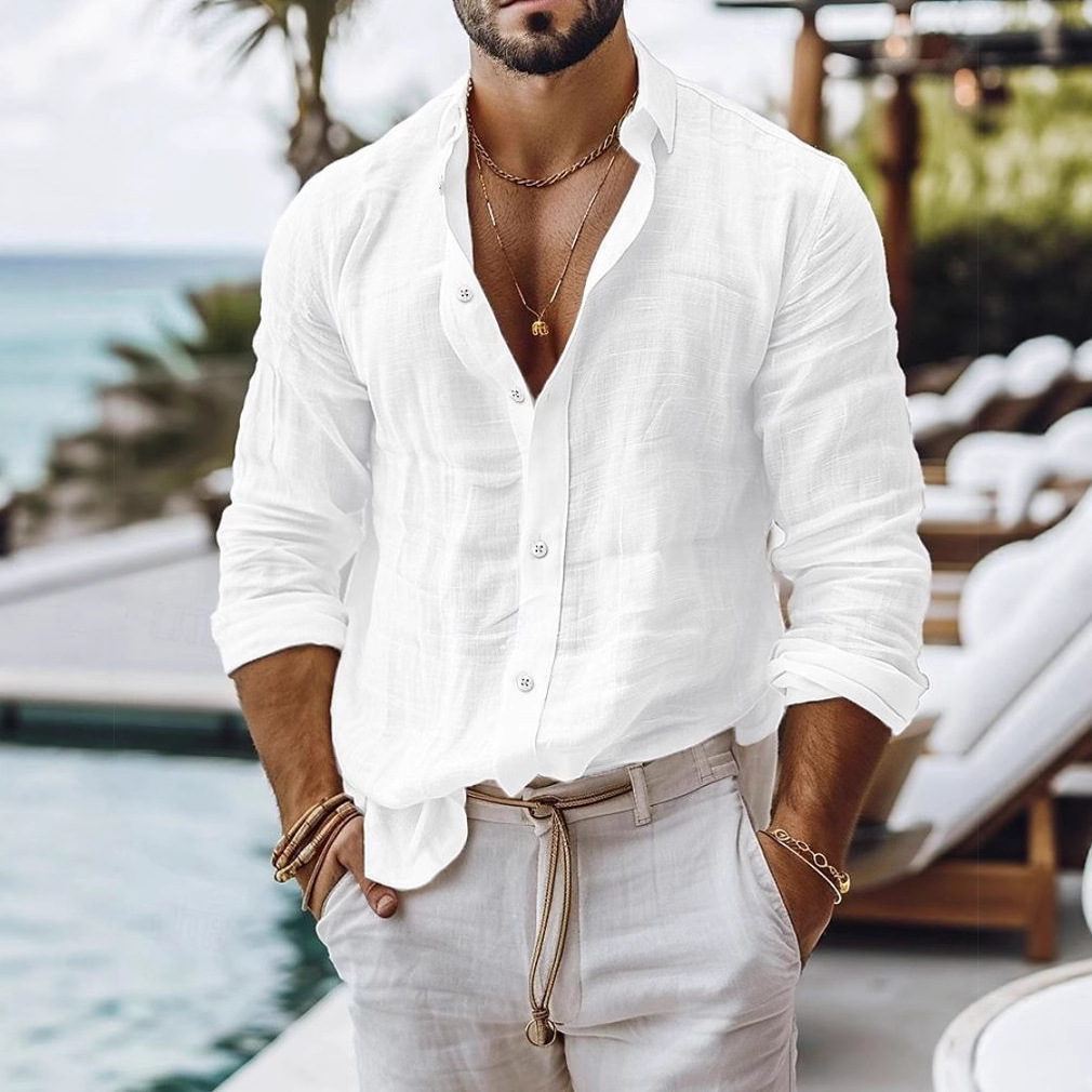 Hommes Blouse chemises été col rabattu à manches longues bouton couleur unie vêtements de plage amples lin Blouse hauts NMD-20250821001
