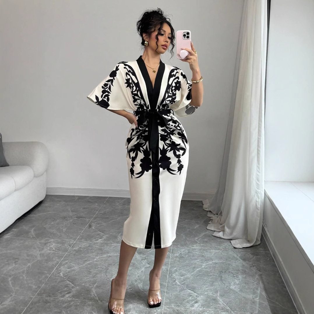 Nouvelle Robe Midi Femme 2026 Imprimée Fleurs avec Taille Nouée pour Soirée et Cérémonie, Manches Mi-Longues, Col en V, Coupe Trapèze pour le Bureau