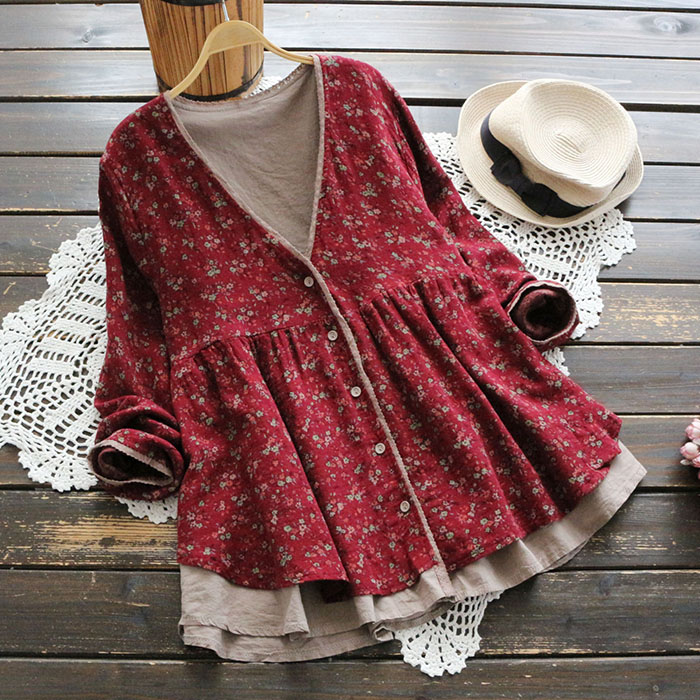 Nouvelle Blouse Femme Automne Manches Longues Coton Lin Imprimé Floral Rétro Japonais Vintage Col V Dentelle Chemise 2022