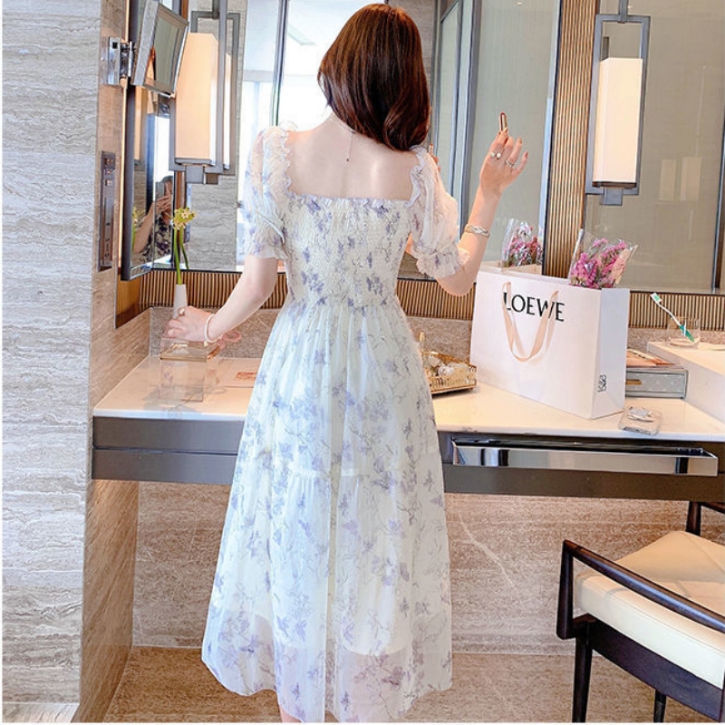 Robe florale vintage en mousseline de soie, mode coréenne élégante, robe d'été française, col carré, manches courtes bouffantes, peinture à l'encre, 20827