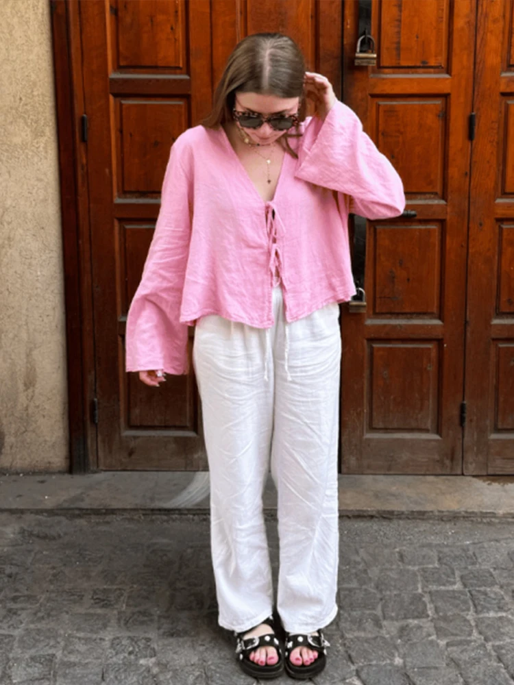 Chemises à lacets avec nœud pour femmes, lin, évider, col en V, manches longues, lin chic, mode coréenne pour dames, streetwear de printemps, Y-2024