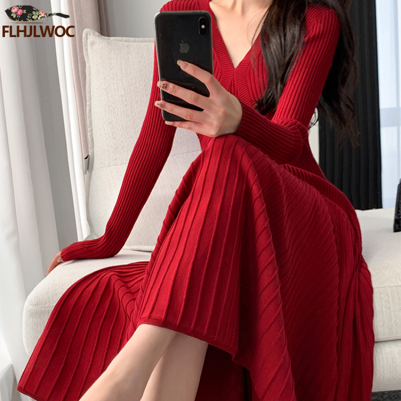Robe pull longue à col en V pour femme, vêtements de base, design de style français, coupe couvertes, ligne A, nouvel an, rouge, éducatif, printemps, hiver