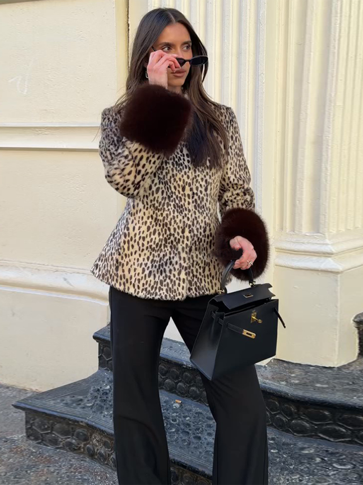 Manteaux en fausse fourrure patchwork léopard pour femmes, col rond, manches longues, simple boutonnage, veste slim chic, nouveaux vêtements d'extérieur pour femmes
