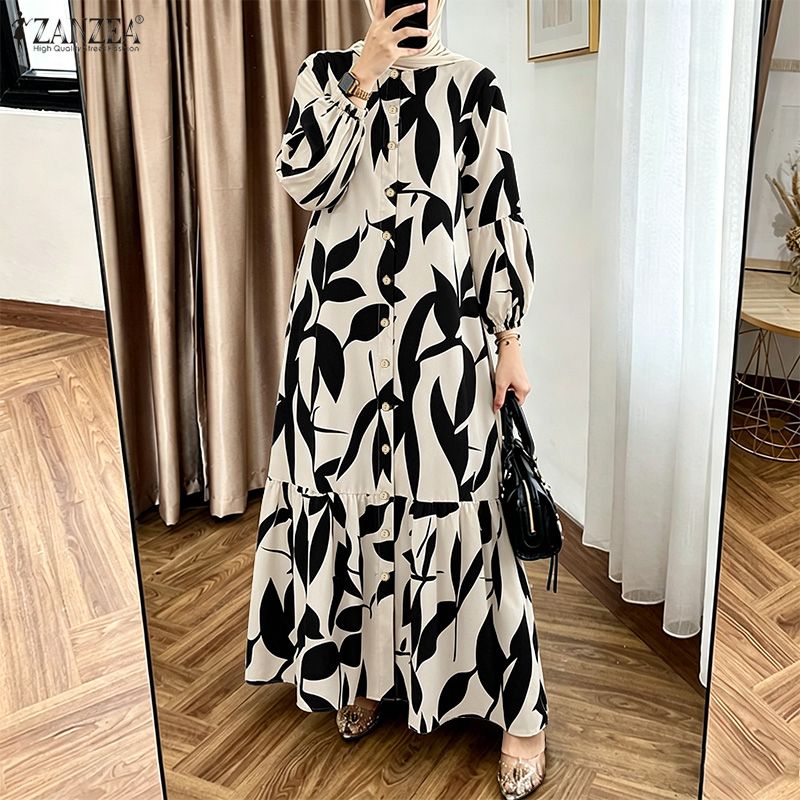 Robe Abaya musulmane imprimée bohème pour femmes, robes longues ZANZEA, kaftan à manches lanternes, boutons, Vestidos Robe Femme