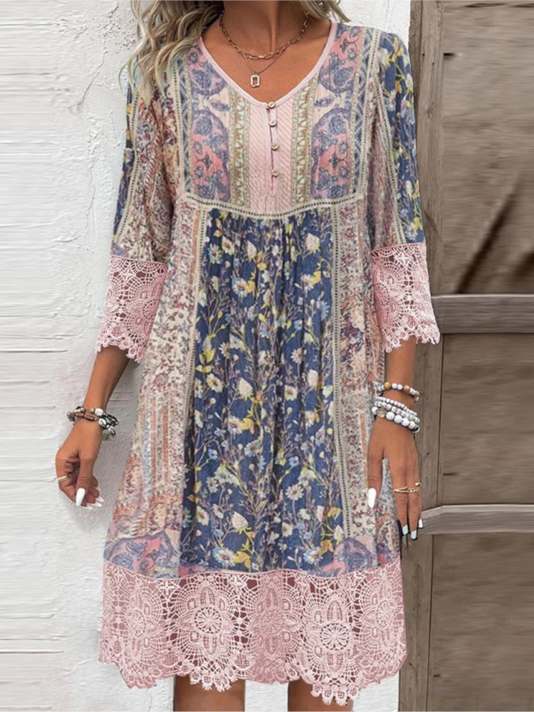 Robe en dentelle vintage pour femmes, nouvelle mode, imprimé fleuri, col en V, robes de bureau décontractées, printemps, été, 2025