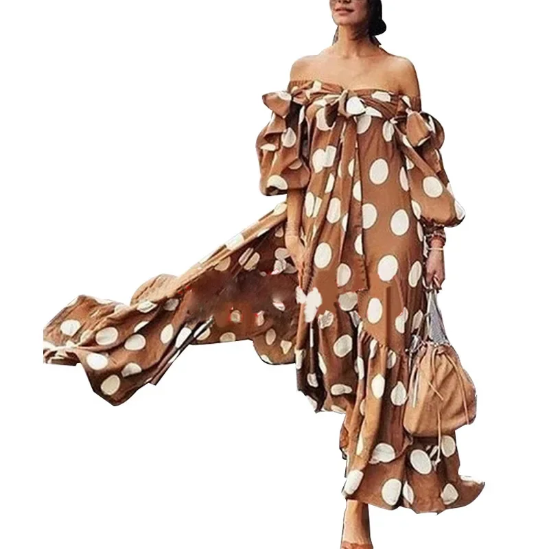 Robe longue à pois pour femmes, sexy, épaules dénudées, décontractée, vêtements de plage, printemps, été