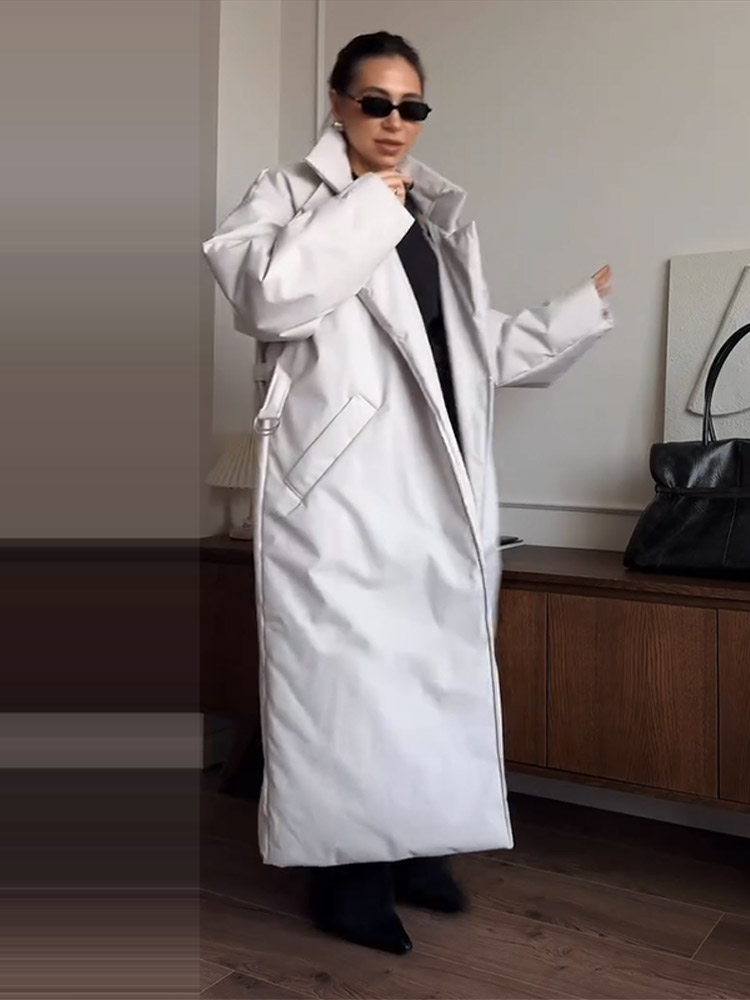 Manteau long matelassé en coton pour femme, à col montant, avec ceinture et lacets, fermeture éclair, manches longues, veste chaude d'hiver 2026