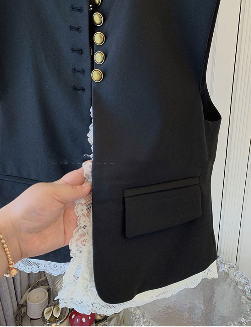 Femmes dentelle Patchwork gilet coréen col rond décontracté sans manches vestes 2025 femme gilet ample Vintage Chic hauts femmes vêtements