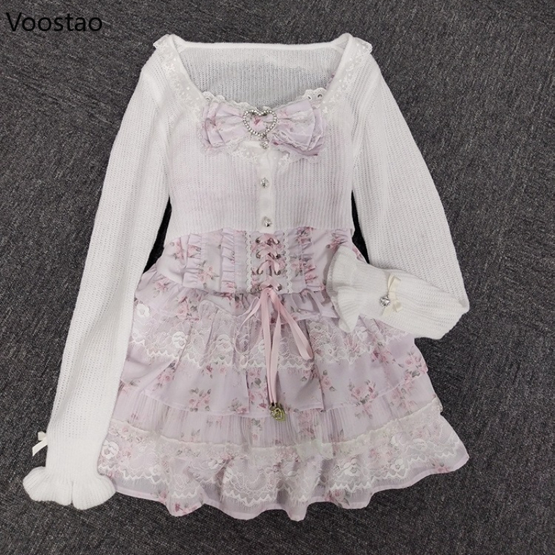 Ensemble 2 pièces Lolita japonaise pour femme, style Kawaii, avec nœud, bandage, dentelle florale, mini-robe et cardigan tricoté, tenues coréennes Y2K pour anniversaire