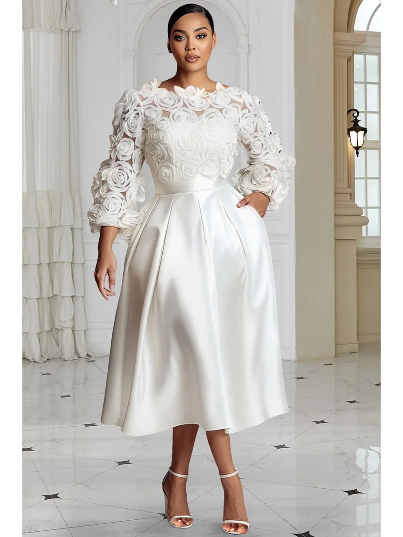 Robe de soirée élégante en satin mi-longue pour invitée de mariage, avec dentelle florale 3D, manches bouffantes 3/4, transparente, poches, grande taille pour femme