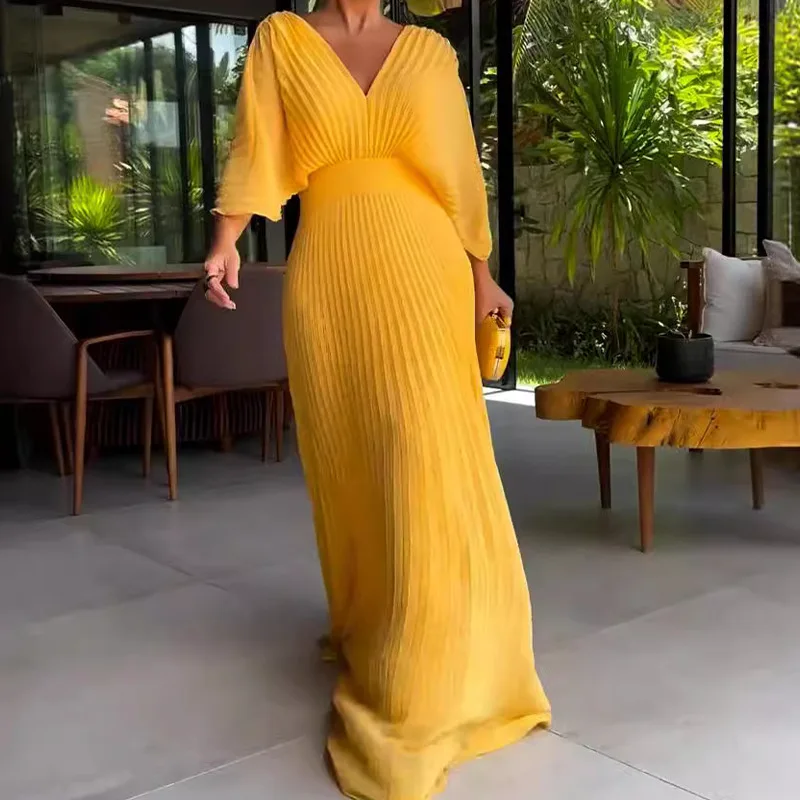 Robe taille haute à manches chauve-souris pour femmes, robe plissée décontractée, version coréenne, document solide, col en V, nouvelle mode, automne, éducatif, Y2k