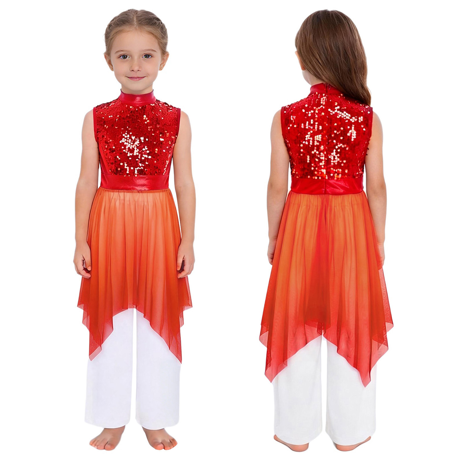 Robe de danse liturgique pour filles, Costume sans manches, ourlet asymétrique, Robe de danse de culte d'église avec pantalon pour la danse lyrique