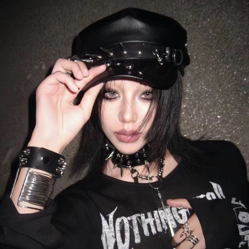 Béret Goth Punk en Cuir avec Boucle de Ceinture, Chapeau Marin Printemps-Automne, Bérets Noirs pour Femmes, Casquettes Militaires Plates pour Hommes