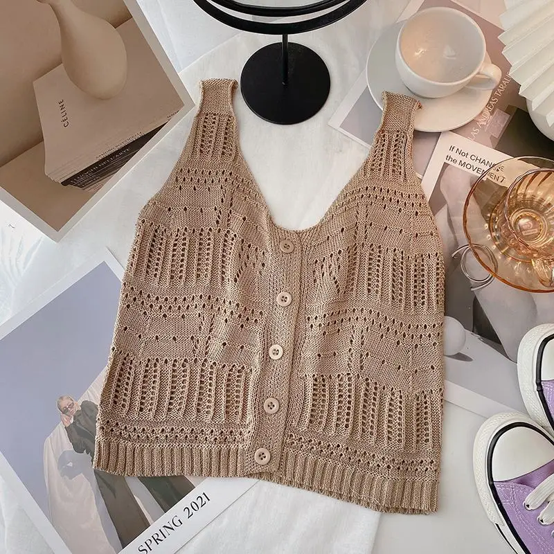 Haut en tricot crocheté pour femmes, vêtements de plage Boho, haut court en fibre à boutons sur le devant, tenue de printemps et d'été pour femmes