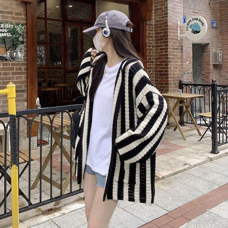 Cardigan rayé à manches longues pour femmes, pulls à capuche épissés, vêtements décontractés coréens, automne et hiver