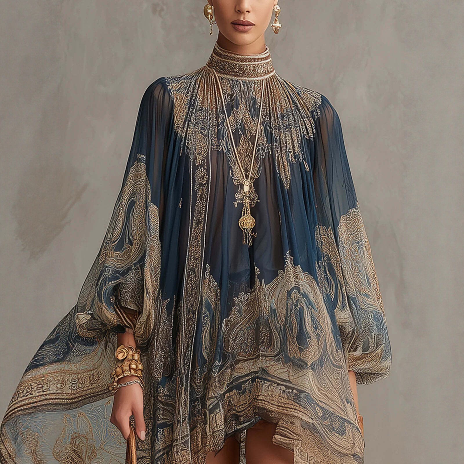 Robe longue en mousseline imprimée à col roulé, style décontracté, avec châle, manches longues, pour femme, collection 2026, tendance européenne et américaine