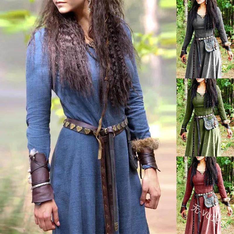 Robe médiévale femmes à manches longues Maxi Robe Vintage fée elfique Robe Renaissance celtique Viking gothique cosplay costumes