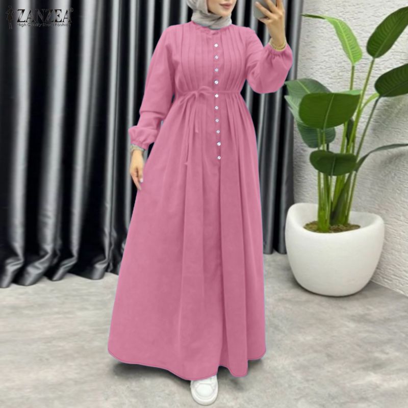 Robes longues maxi ZANZEA pour femmes musulmanes, avec détails plissés, col montant, manches longues, ceinture à nouer, abaya islamique modeste
