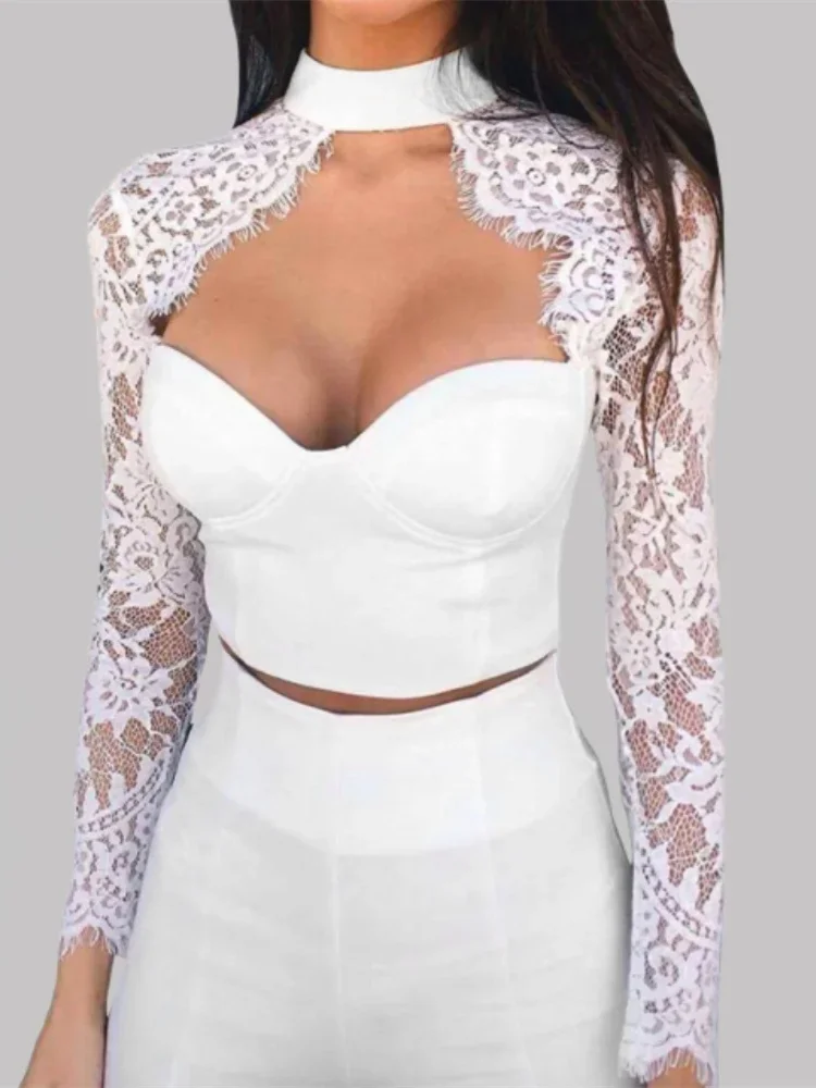 Chemisier en dentelle à manches longues pour femmes, corset découpé, chemises vintage, décontracté, élégant, sexy, printemps, été