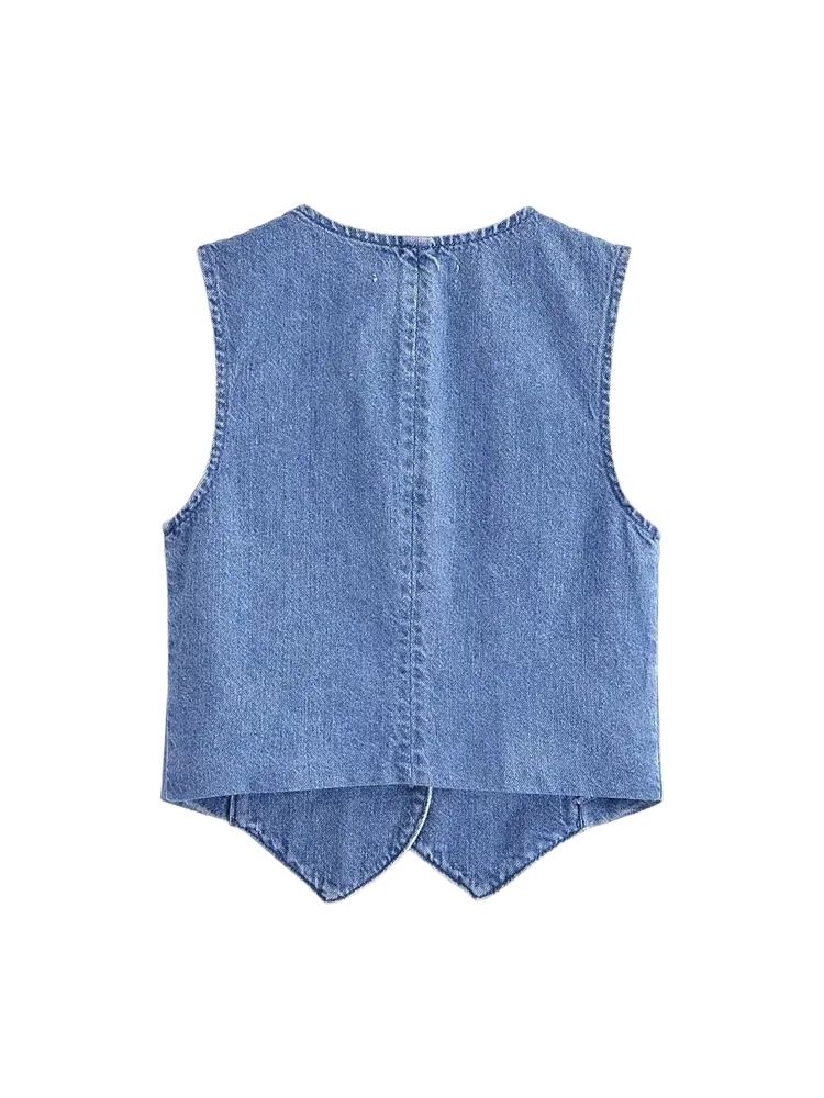 Femmes mode avant bouton Denim gilet Vintage col en V sans manches vêtements de dessus pour femmes Chic gilet hauts