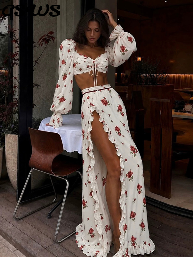 Ensemble jupe et haut imprimé sexy pour femme, haut ajusté à manches longues et col en V avec lacets, jupe longue fendue à volants, mode été 2026