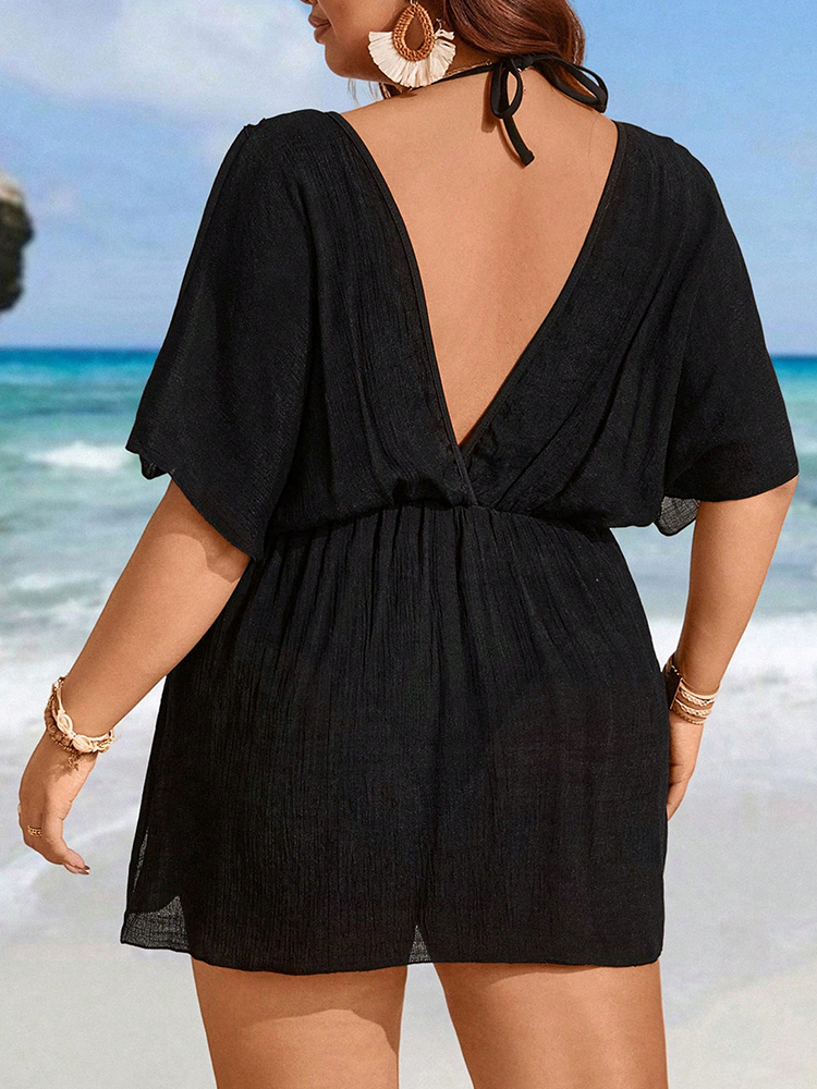 Été femmes grande taille Bikini cache Sexy dames maillot de bain en mousseline de soie maillot de bain plage manches noires couvrir Mini robe maillots de bain